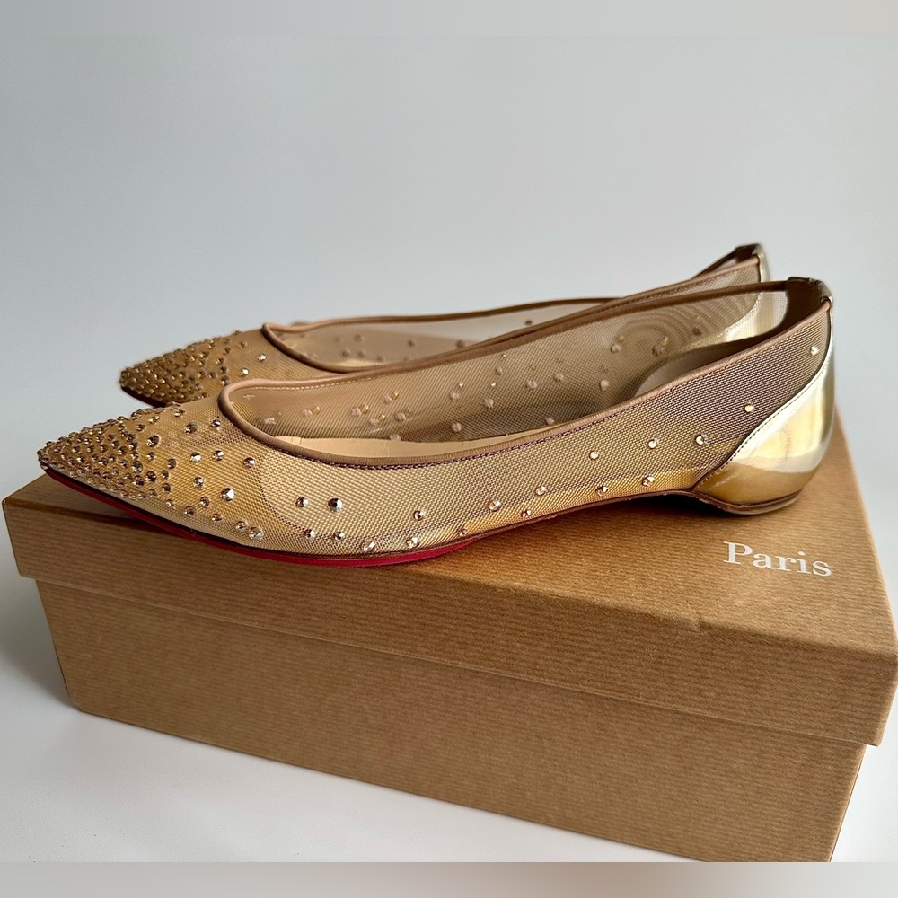 CHRISTIAN LOUBOUTIN Follies Strass Gold Crystal Pointed Toe Ballerina Flats 38 - Picture 7 of 16